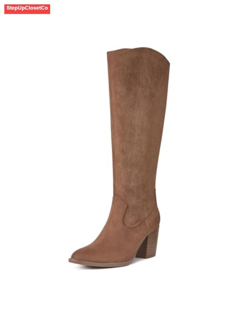 Faux Suede Knee High Boots Pointed Toe Block Heel Side Zip Wide Calf